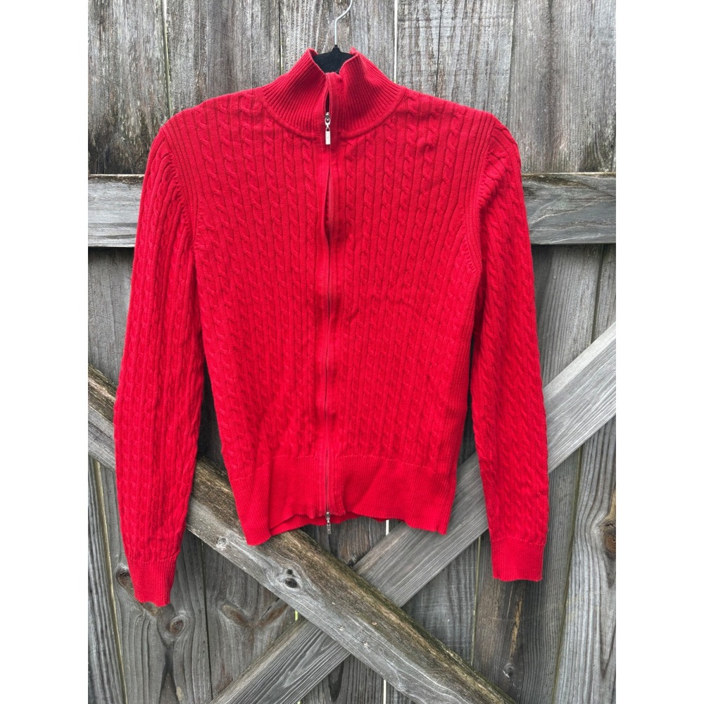 VTG Tommy Hilfiger Red Cable Knit Full Zip Mock Neck Cotton Sweater Womens Large